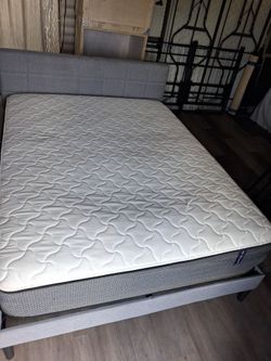 Gray upholstered metal frame queen size bed frame with mattress