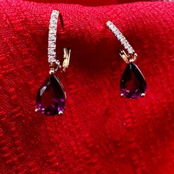 10K Yellow Gold Garnet & Diamond Accent Drop Earrings 