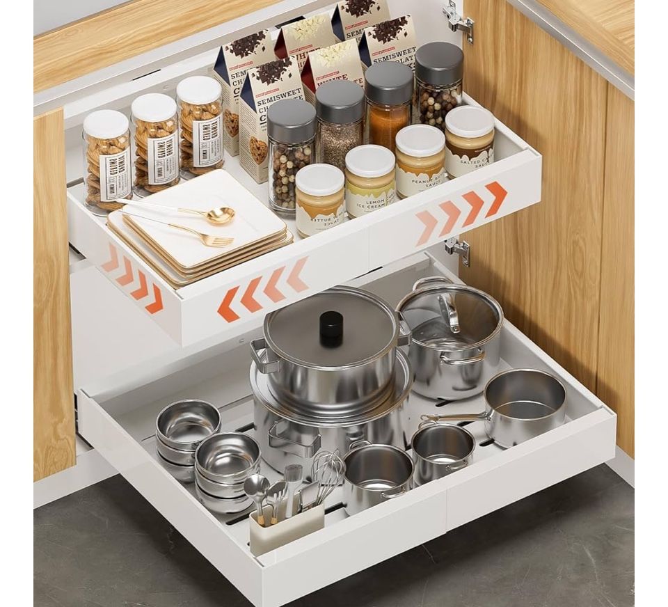 2 Pack 16.5" Deep Pull Out Cabinet Organizer, Adjustable Width (12.2"-20.4") Pull Out Drawers for Frameless Cabinets, Upgrade 3 Slide Rails Slide Out