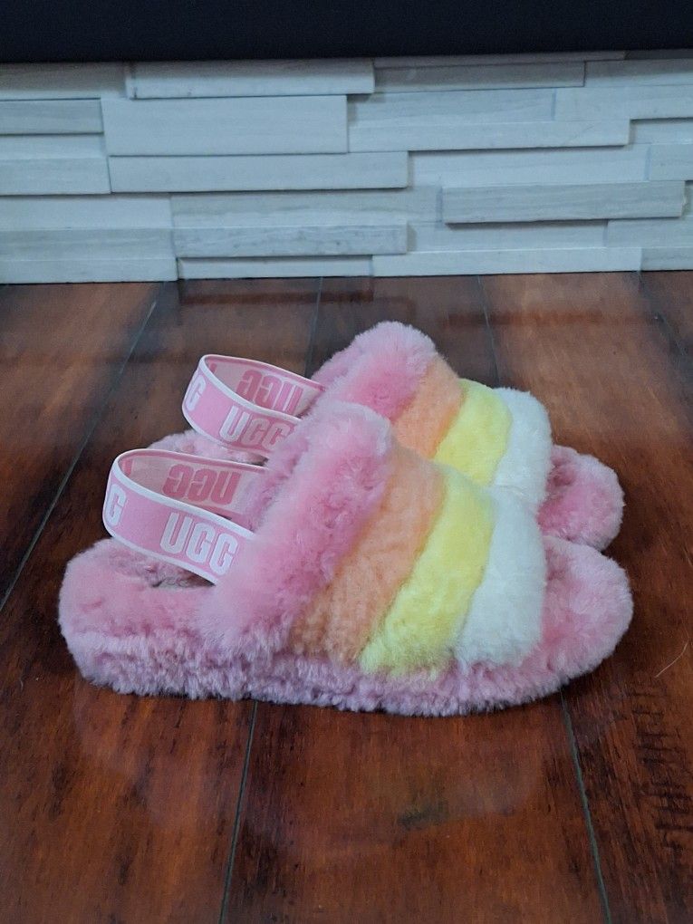 UGG YEAH SACHET PINK MULTI SLIDE FUR SLINGBACK SHOES SLIPPERS SIZE US 6 WOMEN