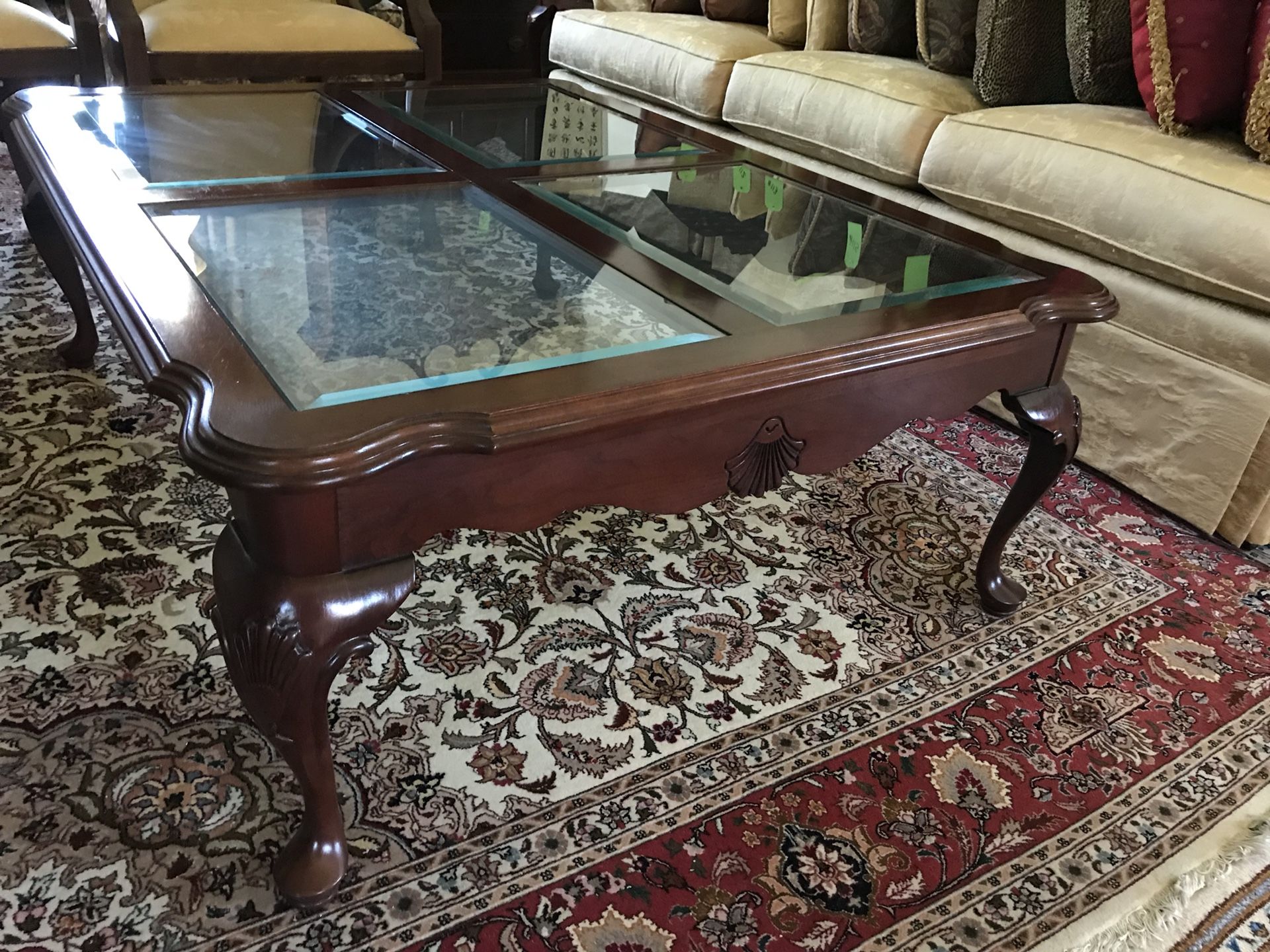 Genuine Ethan Allen Georgian Court glass and wood coffee table