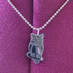 Hematite Owl Pendant On Silvertone  Chain