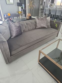 Stunning Pair of Charcoal Velvet Tufted Sofas - Pristine Condition