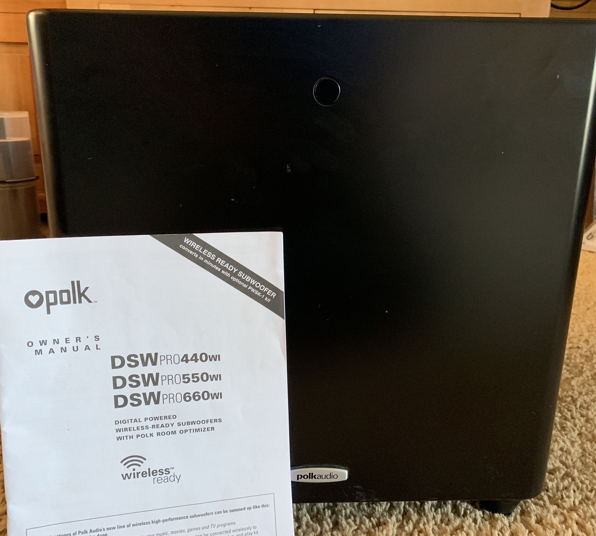 Polk Audio subwoofer 600 watts of loud music DSW Pro 660wi with wireless adapter PWSK1