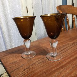 Large Hand Blown Dark Amber Stemmed Goblet