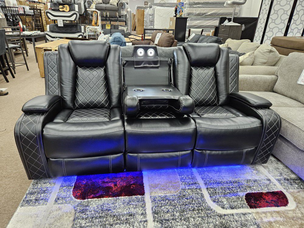New Black Bonded Leather LED Lighted Electric Motion Recliner 2 PC Sofa Loveseat