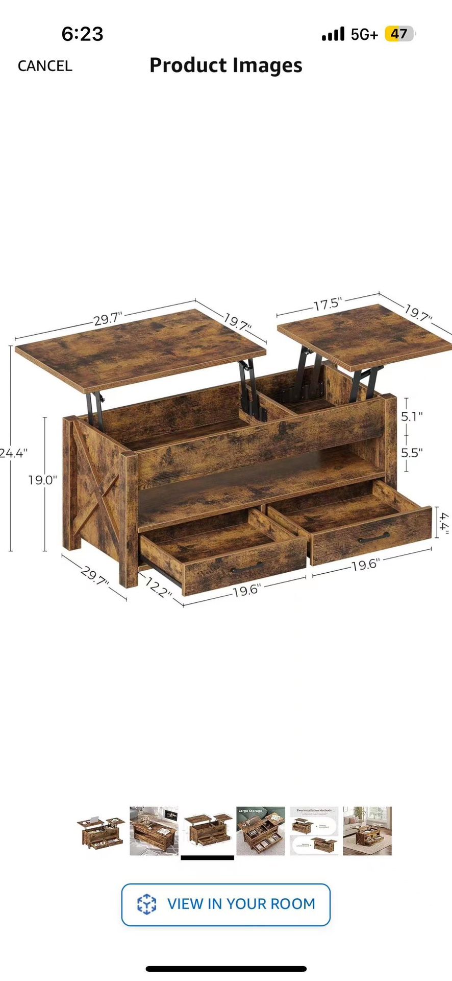 Coffee Table, 47.2" Lift Top Coffee Table with 2 Storage Drawers and Hidden Compartment, Farmhouse Center Table with Wooden Lift Tabletop, for Living