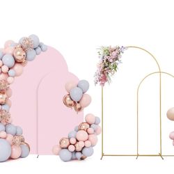 SuuWoee Metal Arch Backdrop Stand Set Of 2 With Pink Cover (7.2FT+6FT) Gold Wedding Arch Stand Balloon Arched For Birthday Party Baby Shower Graduatio