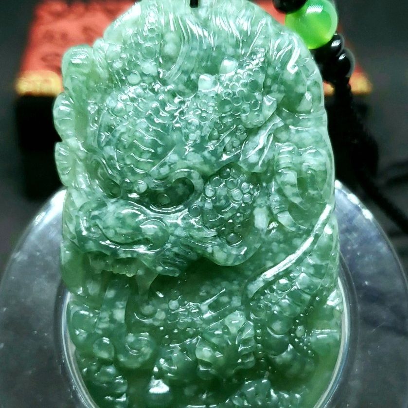 Burmese icy Type A Jadeite Jade Pendant Lucky Imperial Dragon.