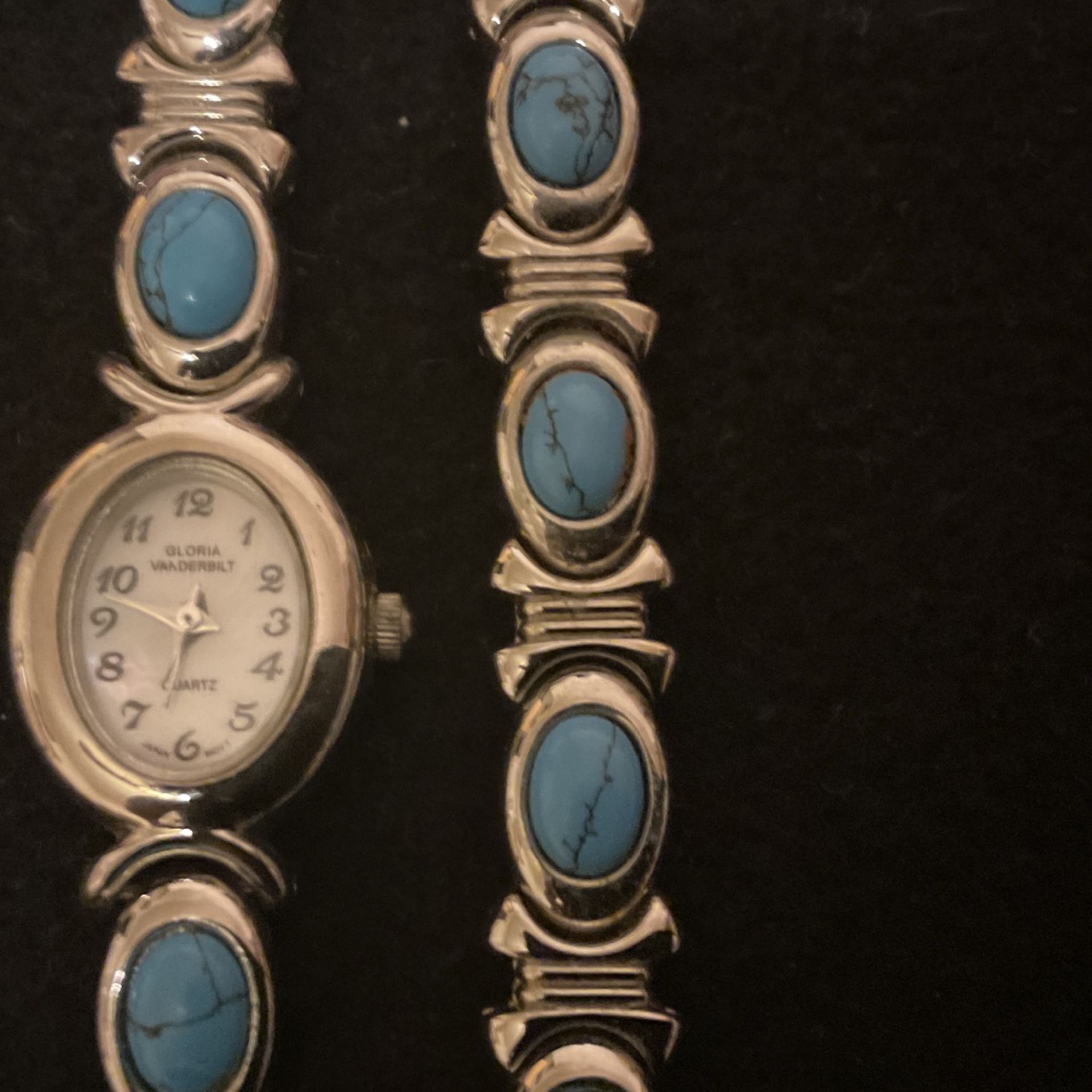 SilverTone Quartz Watch Set With Matching Bracelet And Faux Turquoise Stones,by Gloria Vanderbilt 