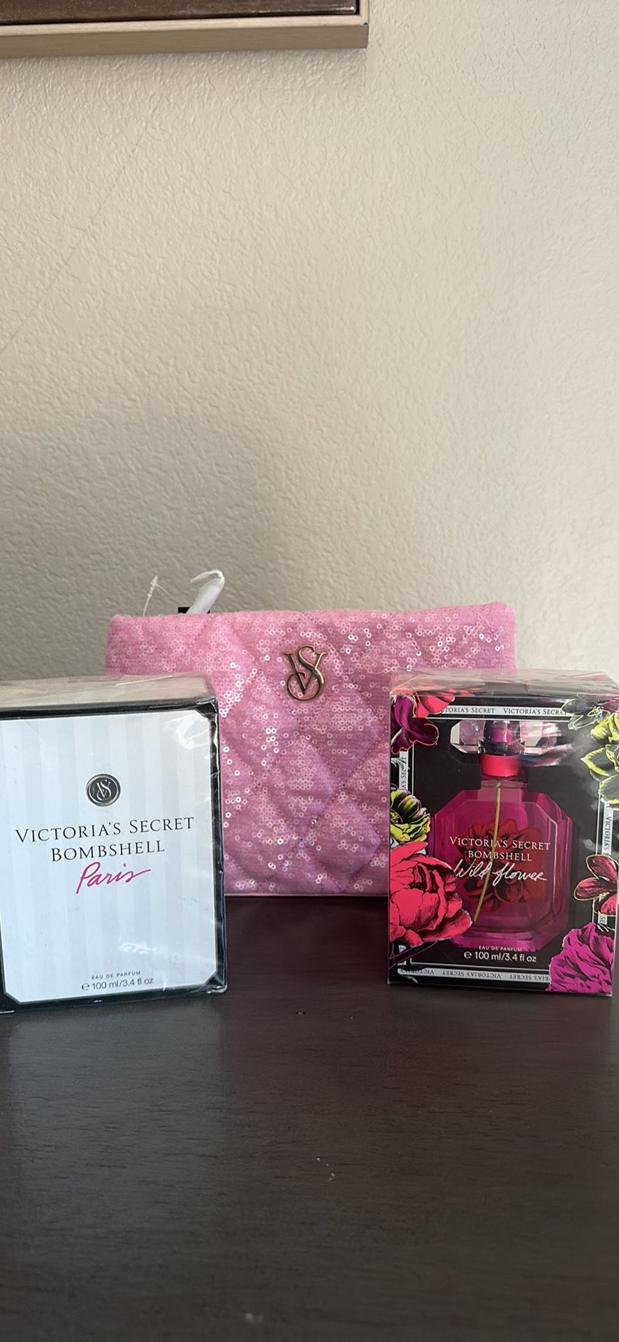 2 Victoria Secret Perfume 3.4 oz & Cosmetic Bag
