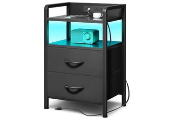 Lazzanto Nightstand with Rear Charging Station, LED Light, 2 Drawers, Black Industrial Nightstand, 2 USB-A Ports & AC Outlets, Raised Back Guard, Fabr