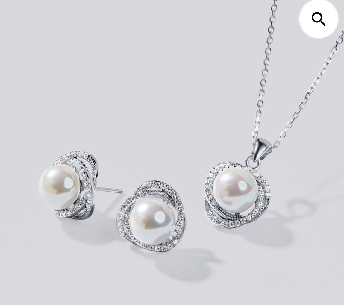 Synthetic Pearl Stud Earrings and Necklace With Cubic Zirconia Set in Sterling Silver