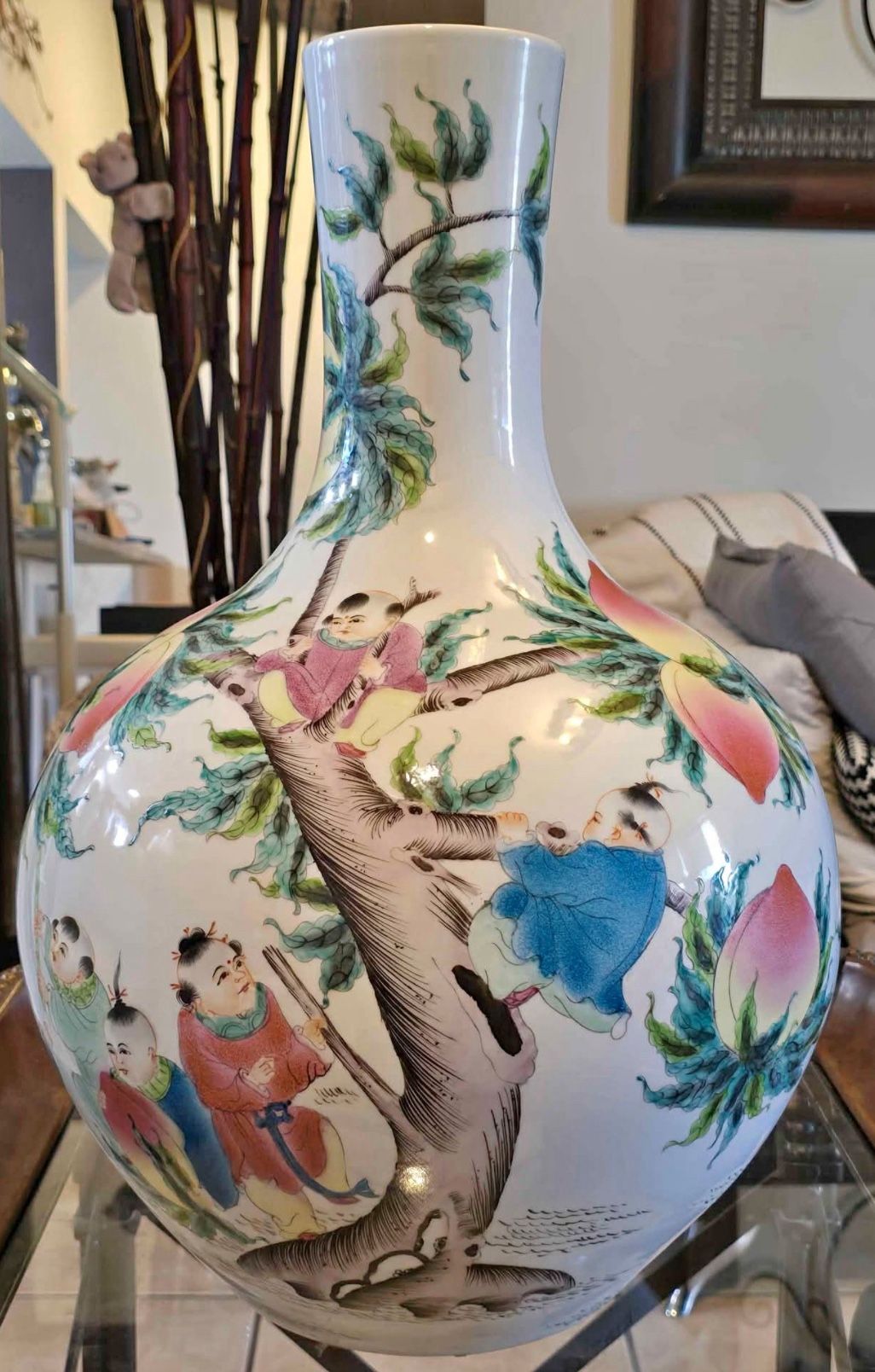 Vintage Chinese Familie Rose Peach & Forest Design Beautiful Porcelain Vase Marked