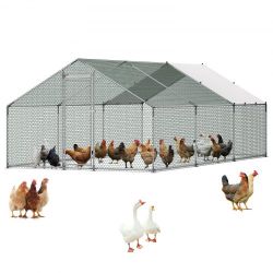 New-Metal Chicken Coop, 9.8x19.6x6.5 ft Large Walk-in Chicken Runs with Cover, Spire Roof Hen House Enclosure with Security Lock, Outdoor Duck Rabbit 