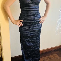 Nicole Miller Metallic Taffeta Crinkle Navy Blue Maxi Dress Gown Formal Mermaid