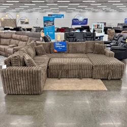 NEW IN  BOX - Brown Sectional With USB Charging Ports & Pull-Out Bed & STORAGE CHAISE** Finance $39