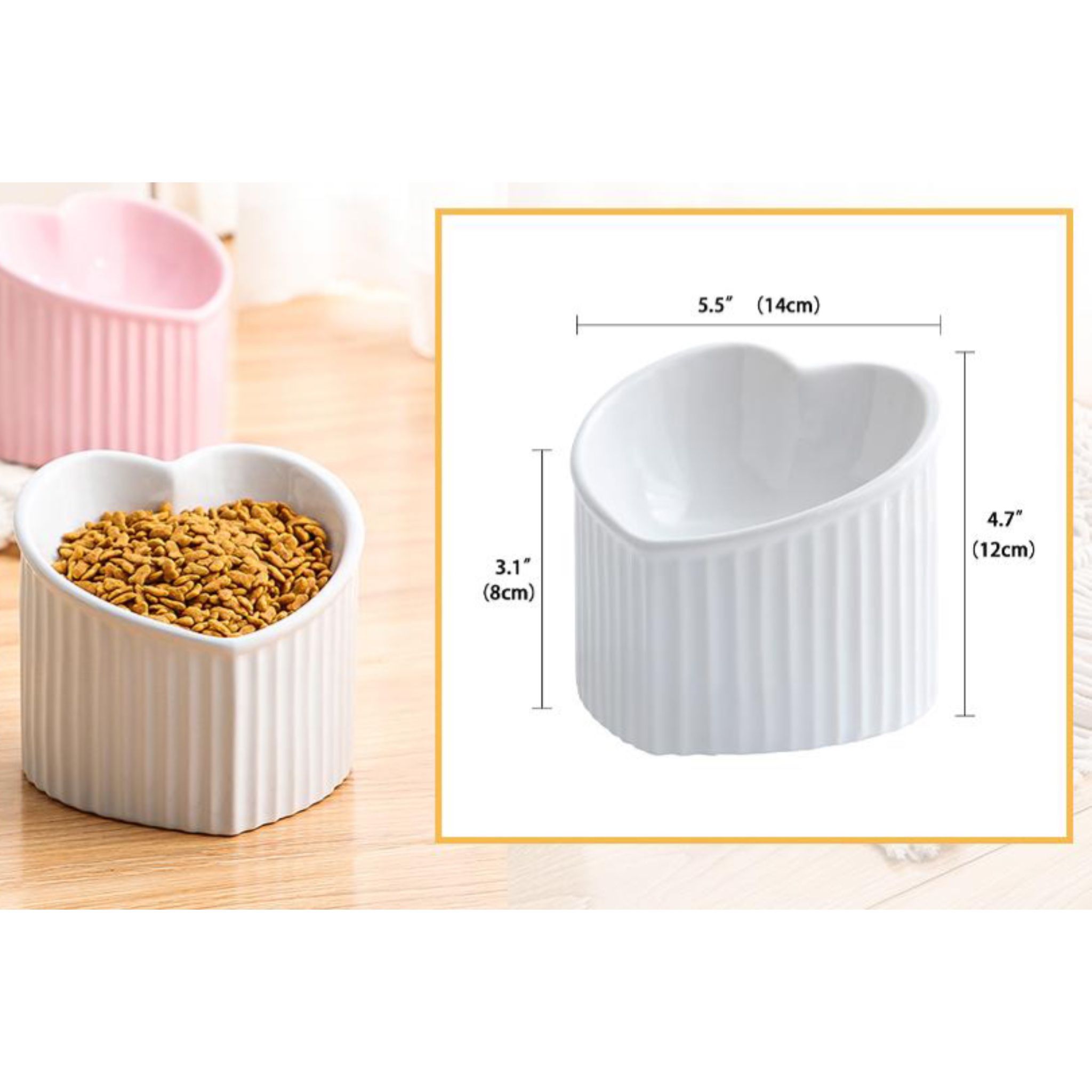 White Ceramic Raised Cat Pet Bowl, Tilted Elevated Food Dishwasher and Microwave Safe, Lead & Cadmium Free