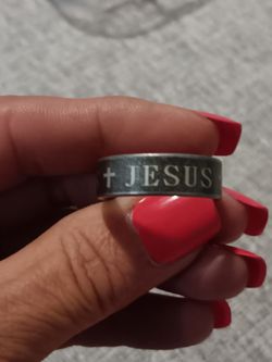 Stainless Steel Silver on Gray "Jesus" Ring-Size 11