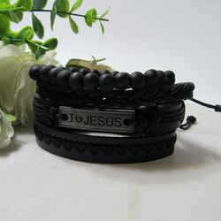 Adjustable Size up to 9.5inc Braided Multi-layer Leather Bracelet (Set of 4), I love Jesus