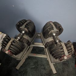 Two Official Bowflex Adjustable 52.5lb Dumbbells And Stand