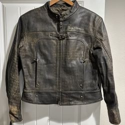 Like-New Official Harley Davidson Women's Distressed Leather Collarless Jacket - Medium