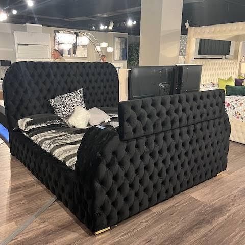 Black Velvet King Bed Frame W/ Fireplace & TV Left Up