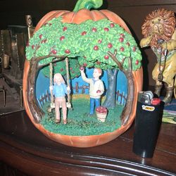 Decorative Lighted Resin Pumpkin with Apple Picking Scene