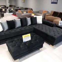 Black Velvet Sectional Sofa With Ottoman ** Ellenton Outlets ** No Credit Needed!