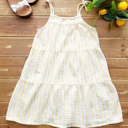 SIZE 6-6X STRAPPY YELLOW/WHITE/PINK VERTICAL STRIPED PULL-OVER MUSLIN COTTON DRESS
