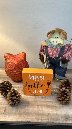 Autumn Harvest & Halloween Decor Bundle – Sign, Owl, Scarecrow Cow & Pinecones