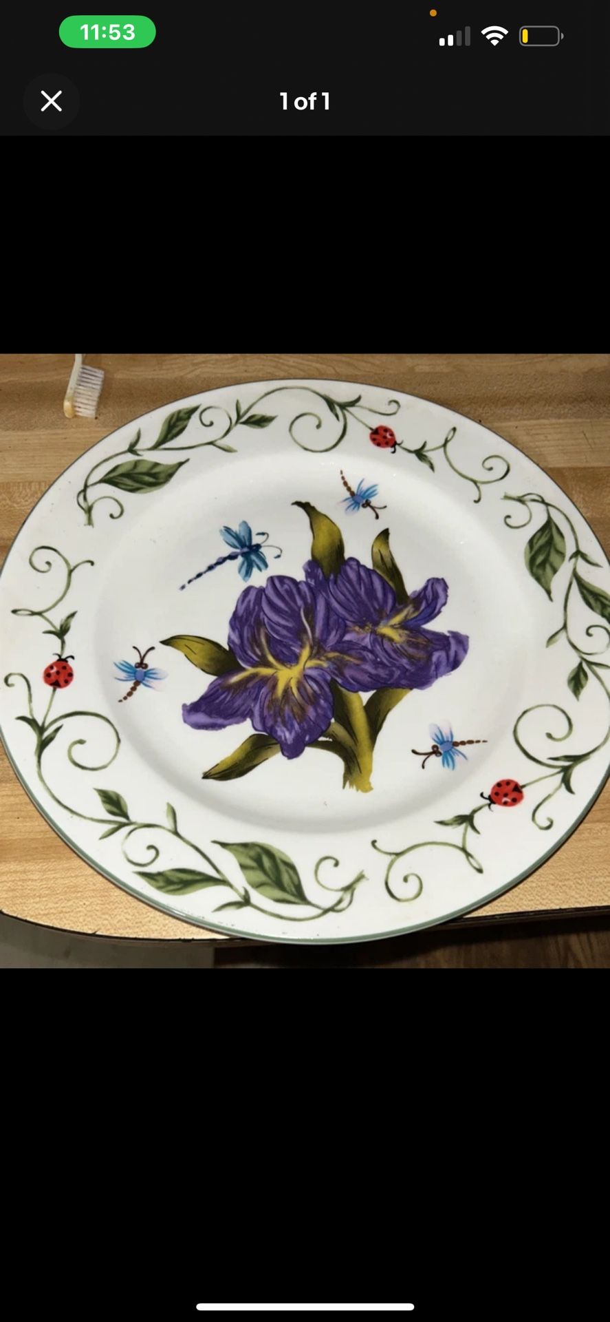 Tabletops Unlimited Botanical Garden 10 1/2" Dinner Plate Purple Flower Lady bug