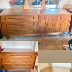 Vtg ‘60s Young Mfg Co. Mid Century Walnut & Burlwood Bedroom Dresser 3-Pc Set