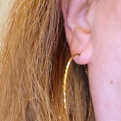 Three Pair Hoop Pierced Earrings for Women, Goldtone, Red Enamel, Coppertone.