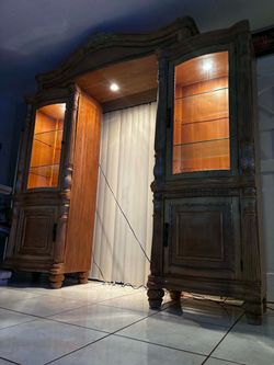 Glass Cabinets With Glass Shelves & Lights- Solid Wood- Good Condition