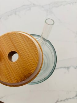 Glass Cup with Bamboo Lid and Glass Straw