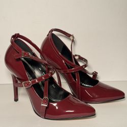 Women’s Burgundy Patent Strappy Pointed-Toe Heels Size 8