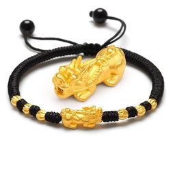 Unisex feng shui black obsidian beads pi xiu attract wealth good luck jewelry bracelet