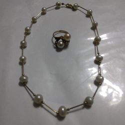 14K Gold And Pearl Necklace With 10k Gold And Pearl Ring Lent 14-in Ring Size 6 And 1/4 Used