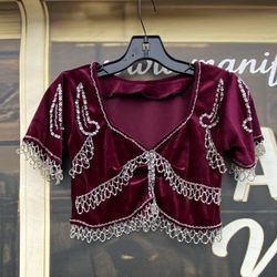Handmade Beaded Deep Burgundy Velvet Blouse Crop Top Pearl & Silver Bead Detail