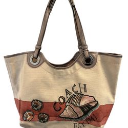 Coach Beige Canvas Silver Leather Seashell Beach Tote Bag Silver Accent F19273 