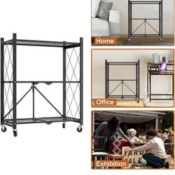 3 Tier Foldable Metal Storage Shelf with Wheels, 300 LBS Heavy Duty Collapsible Wire Shelving Unit, Rolling Utility Rack Cube Bookshelf for Kitchen Pa