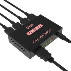 new HDMI Splitter 1x4 Powered w/AC Adapter, 4K@30Hz 3D Full HD 1 in 4 Out Distributor for Fire TV Stick, PS5, HDTV, Xbox, Gaming Monitor  About this i