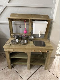Tiny Land Outdoor Mud Kitchen for Kids, Wooden Play Kitchen with Water Tank, Water & Cooking Play, Sensory Fun, Weather-Resistant with Storage, Ideal 