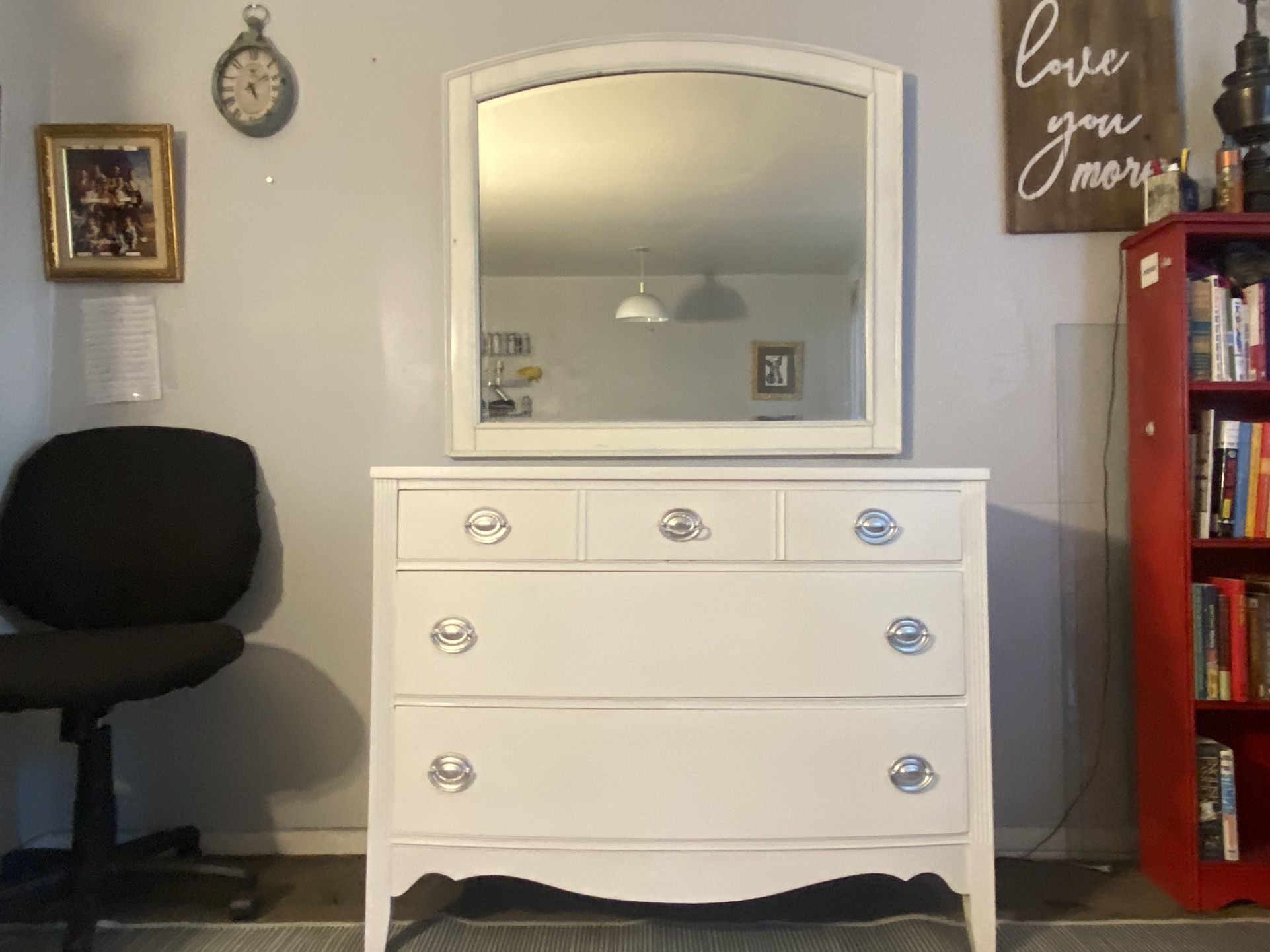 Large White Antique White and Silver Dresser  And Mirror 