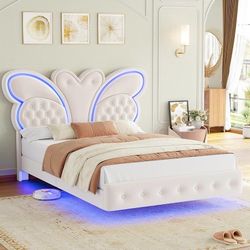 Queen Bed Frame Butterfly-Pattern Upholstered Headboard, Modern Floating Bed with LED Lights Button Tufted on Headboard and Footboard, Slat