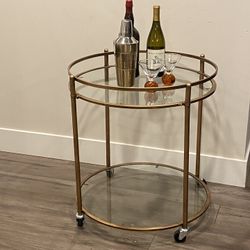 2 Tiers Gold Rolling Bar Cart With Glass Shelves 24” In Diameter H26”