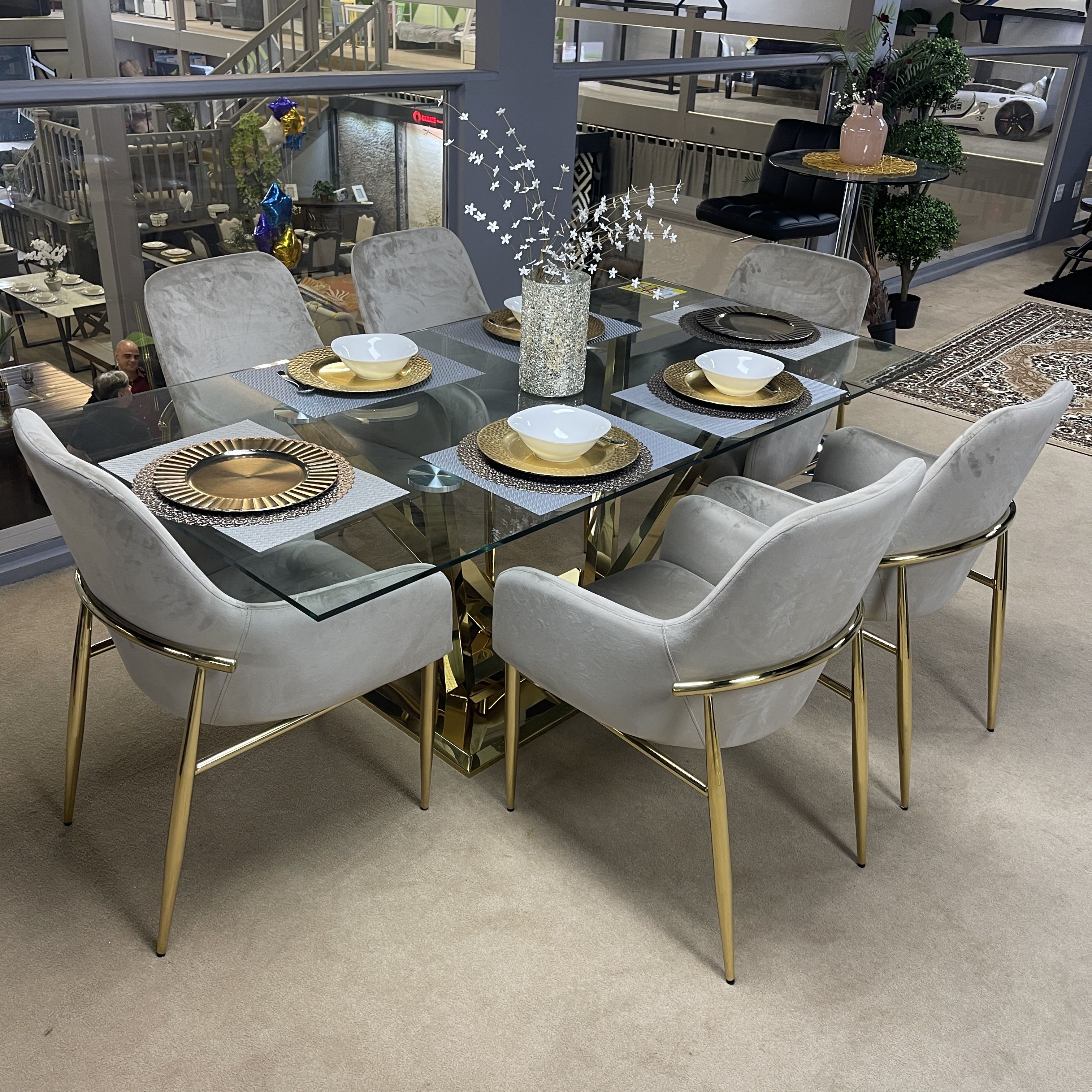 Clear Glass Top & Mirrored Gold Dining Room Set / 7pc