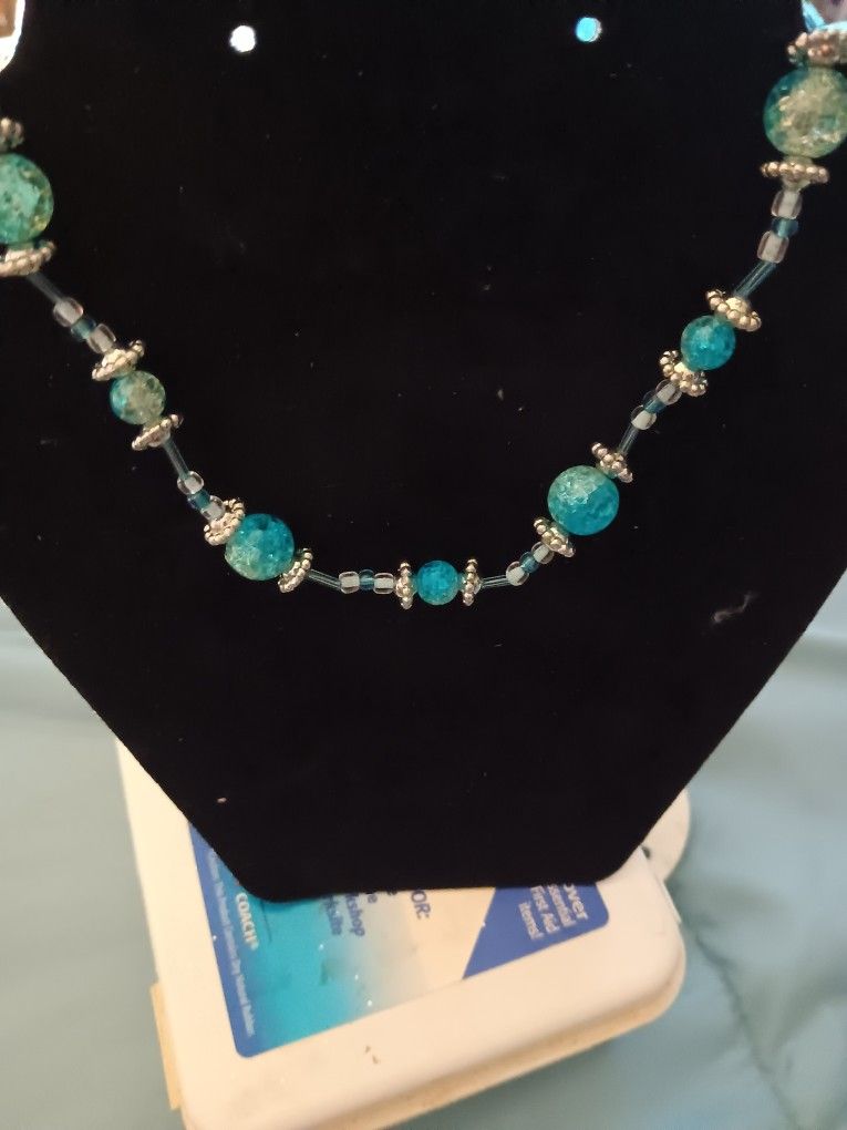 Ice Blu Glass Bead Choker Neclace
