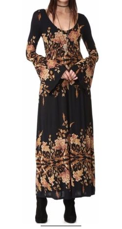 Free People Sz Large Midnight Garden Maxi Dress Bell Sleeve Black Floral OB553492